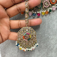Multi Antique Polki Kundan Pearl Necklace with earrings and tikka, bridal necklace, Indian Punjabi Pakistani Wedding Jewelry