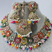 Multi Antique Polki Kundan Pearl Necklace with earrings and tikka, bridal necklace, Indian Punjabi Pakistani Wedding Jewelry