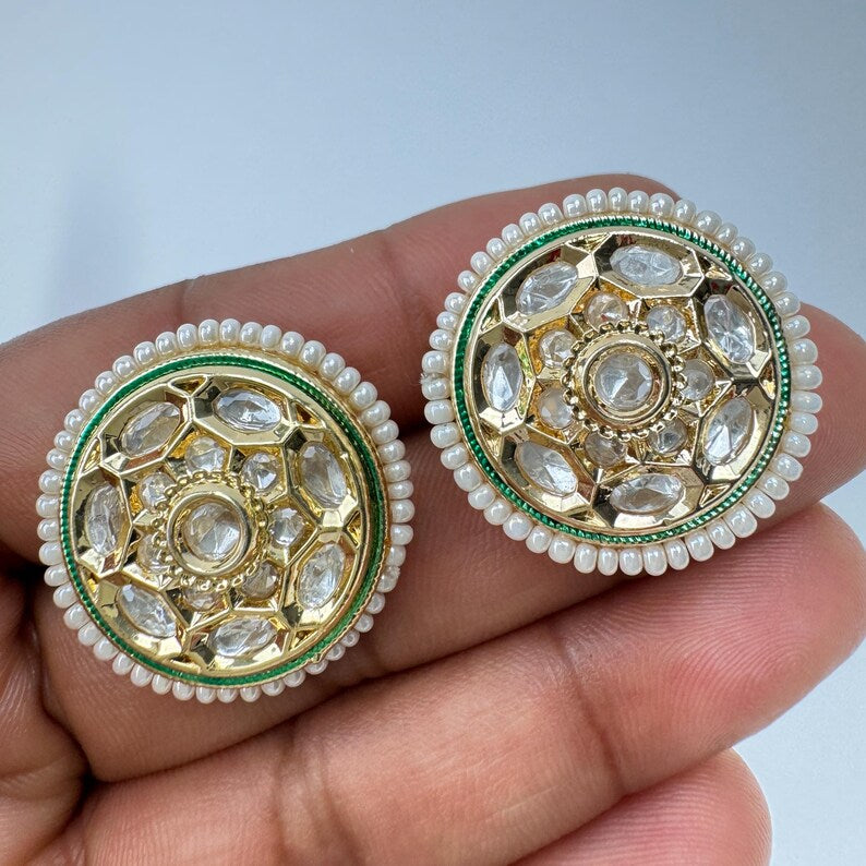 White pearl Moissanite Kundan Stud Earrings/Indian Studs/Indian Earrings/Indian Jewelry/Kundan Studs/Sabyasachi studs/Bridal Jewelry/wedding