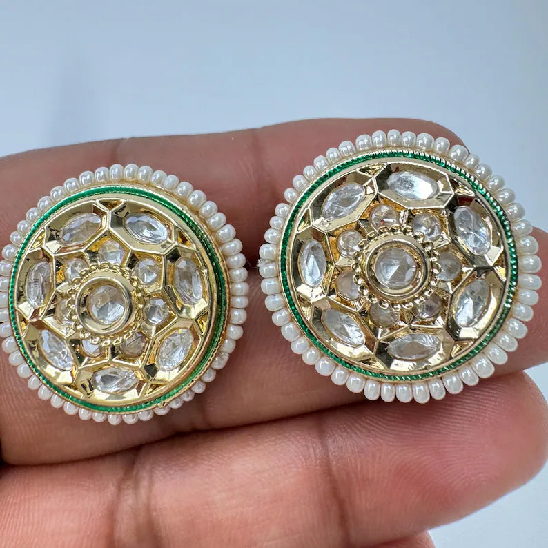 White pearl Moissanite Kundan Stud Earrings/Indian Studs/Indian Earrings/Indian Jewelry/Kundan Studs/Sabyasachi studs/Bridal Jewelry/wedding