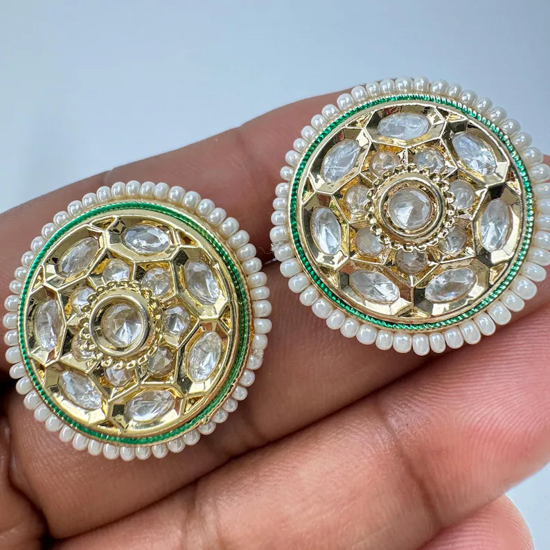 White pearl Moissanite Kundan Stud Earrings/Indian Studs/Indian Earrings/Indian Jewelry/Kundan Studs/Sabyasachi studs/Bridal Jewelry/wedding
