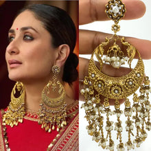 Kareena Kapoor inspired Long Gold Chandbali Indian Pakistani Earrings, Antique Chand Earring With Gold Plating, Oversized gold earrings