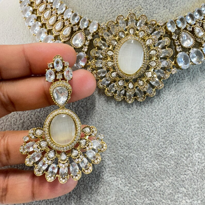 White Victorian Moissanite Polki Kundan Necklace, Sabyasachi Necklace, Indian Bridal Jewelry, Bollywood Designer Necklace,Pakistani