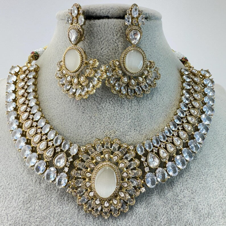 White Victorian Moissanite Polki Kundan Necklace, Sabyasachi Necklace, Indian Bridal Jewelry, Bollywood Designer Necklace,Pakistani