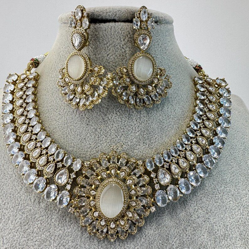 White Victorian Moissanite Polki Kundan Necklace, Sabyasachi Necklace, Indian Bridal Jewelry, Bollywood Designer Necklace,Pakistani