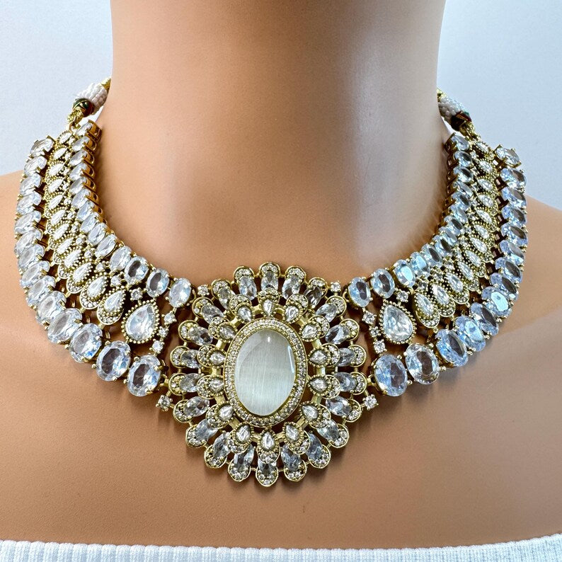 White Victorian Moissanite Polki Kundan Necklace, Sabyasachi Necklace, Indian Bridal Jewelry, Bollywood Designer Necklace,Pakistani