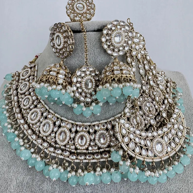 Aqua Blue Kundan Necklace Set, Pearl Kundan necklace , Bollywood Jewelry, Indian Pakistani jewelry for wedding