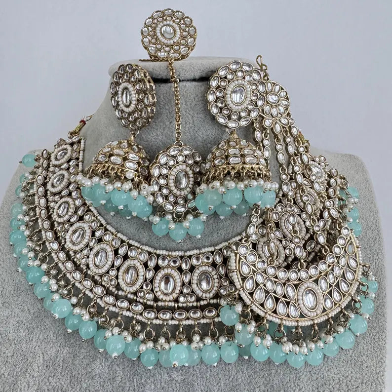 Aqua Blue Kundan Necklace Set, Pearl Kundan necklace , Bollywood Jewelry, Indian Pakistani jewelry for wedding