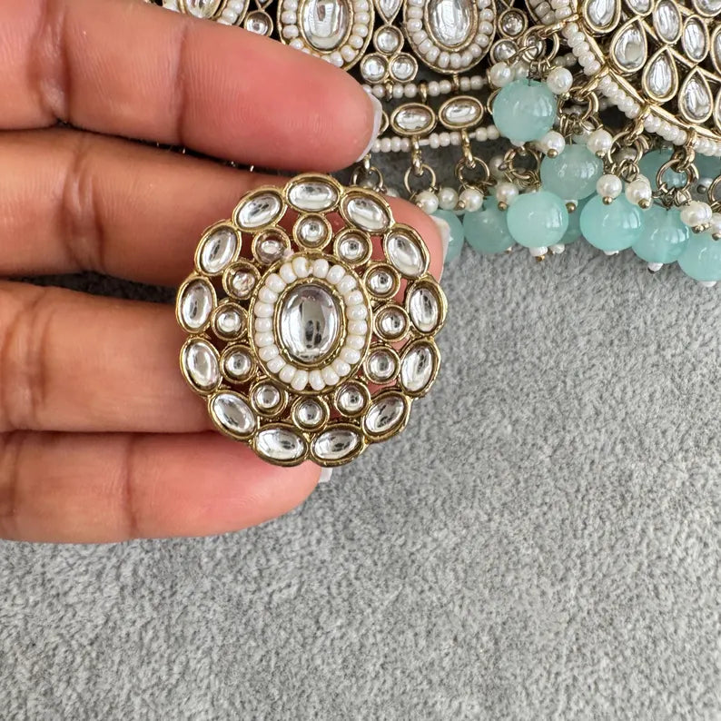 Aqua Blue Kundan Necklace Set, Pearl Kundan necklace , Bollywood Jewelry, Indian Pakistani jewelry for wedding