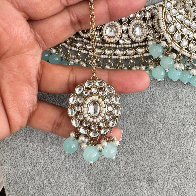 Aqua Blue Kundan Necklace Set, Pearl Kundan necklace , Bollywood Jewelry, Indian Pakistani jewelry for wedding