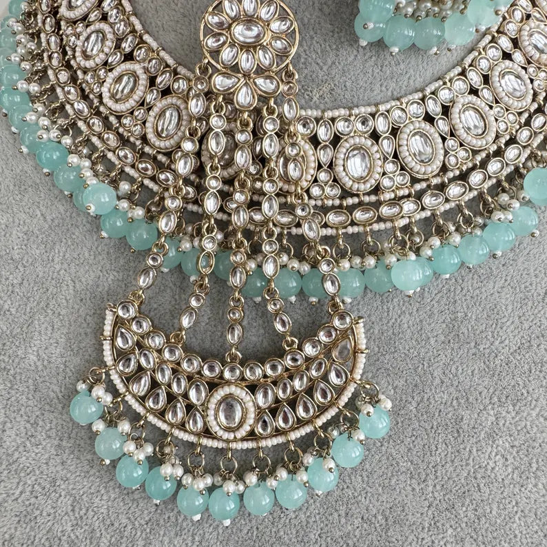 Aqua Blue Kundan Necklace Set, Pearl Kundan necklace , Bollywood Jewelry, Indian Pakistani jewelry for wedding