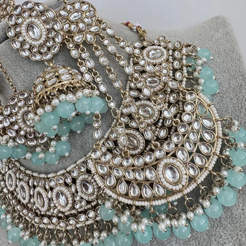 Aqua Blue Kundan Necklace Set, Pearl Kundan necklace , Bollywood Jewelry, Indian Pakistani jewelry for wedding