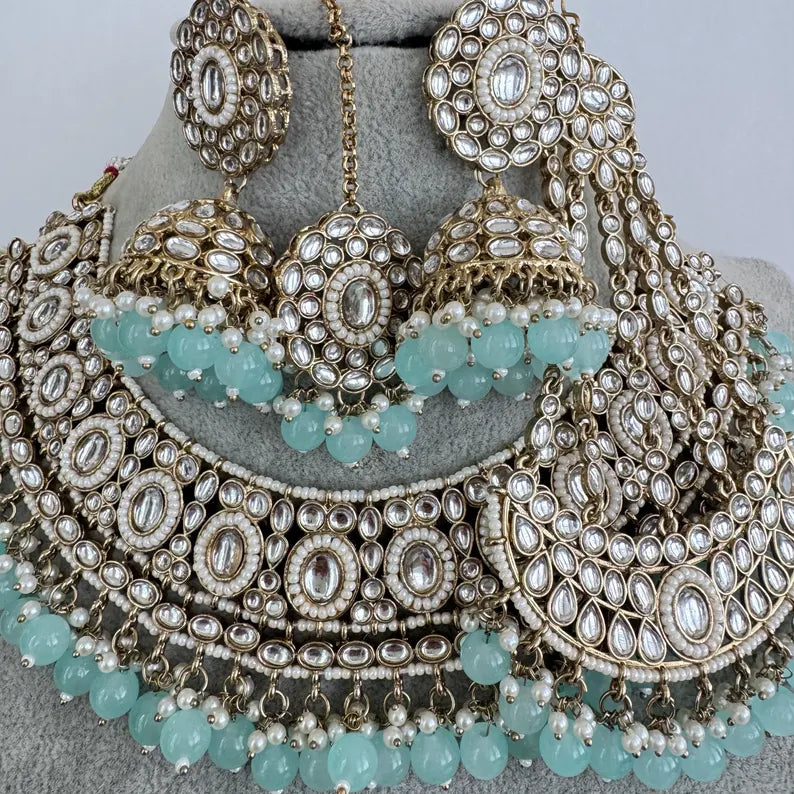 Aqua Blue Kundan Necklace Set, Pearl Kundan necklace , Bollywood Jewelry, Indian Pakistani jewelry for wedding