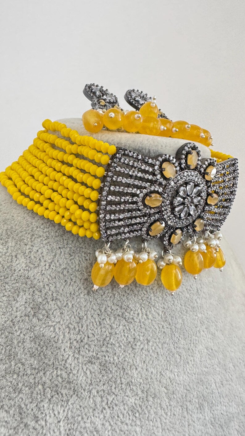 Yellow CZ Diamond Choker necklace, American Diamond Necklace,Indian pakistani jewelry for wedding, gift for her,bridal jewelry