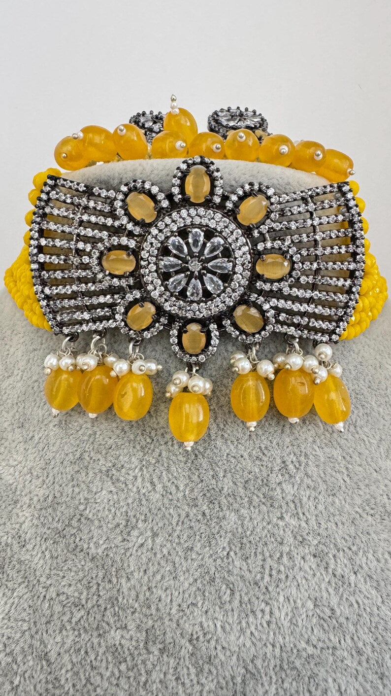 Yellow CZ Diamond Choker necklace, American Diamond Necklace,Indian pakistani jewelry for wedding, gift for her,bridal jewelry
