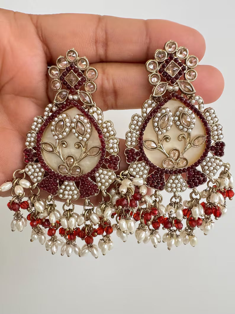 Antique Polki Kundan chandbali Indian Pakistani Earrings, Antique Long Earring With dull Gold Plating, Indian Pakistani wedding collection