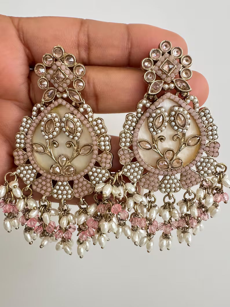 Antique Polki Kundan chandbali Indian Pakistani Earrings, Antique Long Earring With dull Gold Plating, Indian Pakistani wedding collection