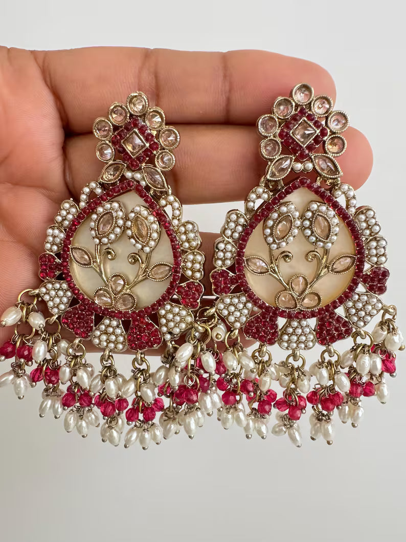 Antique Polki Kundan chandbali Indian Pakistani Earrings, Antique Long Earring With dull Gold Plating, Indian Pakistani wedding collection