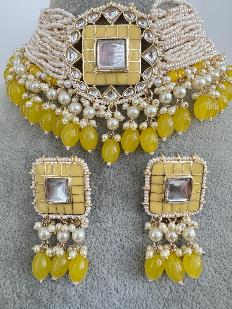 Yellow Meenakari Pearl Kundan Choker Necklace/Traditional Ethnic Jewelry/Kundan Jewelry Set/Indian Pakistani wedding Jewelry