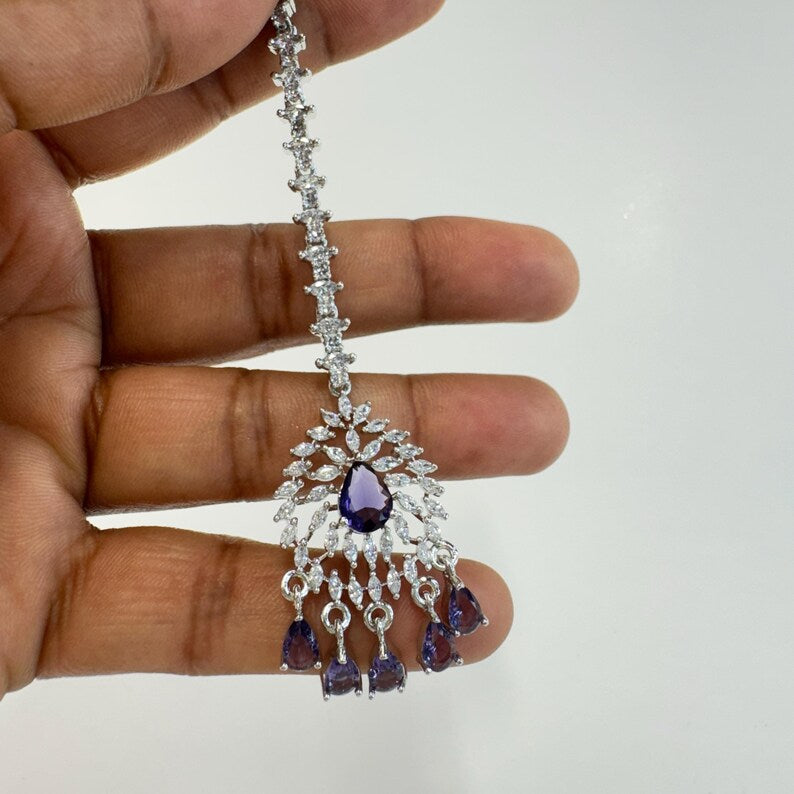 American Diamond Maang tikka/Indian Jewelry/ Indian Wedding Jewelry/ Pakistani Jewelry/ Jhoomer/ Matha patti/ Indian forehead jewelry