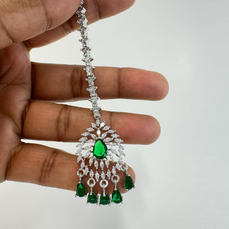 American Diamond Maang tikka/Indian Jewelry/ Indian Wedding Jewelry/ Pakistani Jewelry/ Jhoomer/ Matha patti/ Indian forehead jewelry