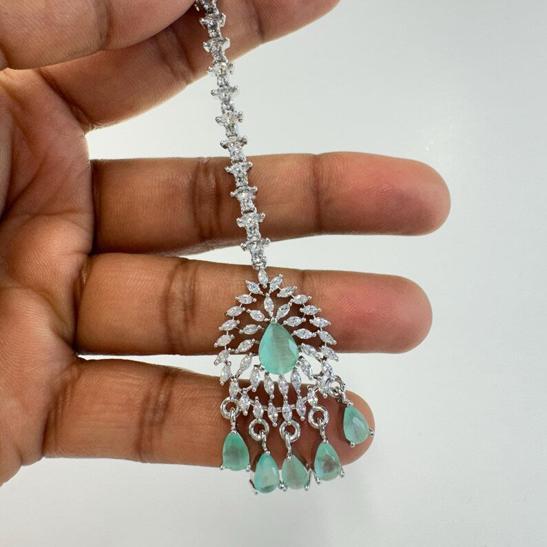 American Diamond Maang tikka/Indian Jewelry/ Indian Wedding Jewelry/ Pakistani Jewelry/ Jhoomer/ Matha patti/ Indian forehead jewelry