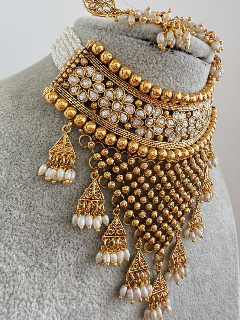 White Gold Polki Necklace, Indian Jewelry, indian wedding necklace, bridal jewelry, Punjabi Pakistani south Indian necklace