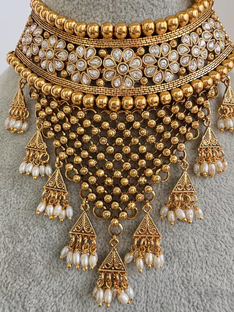 White Gold Polki Necklace, Indian Jewelry, indian wedding necklace, bridal jewelry, Punjabi Pakistani south Indian necklace