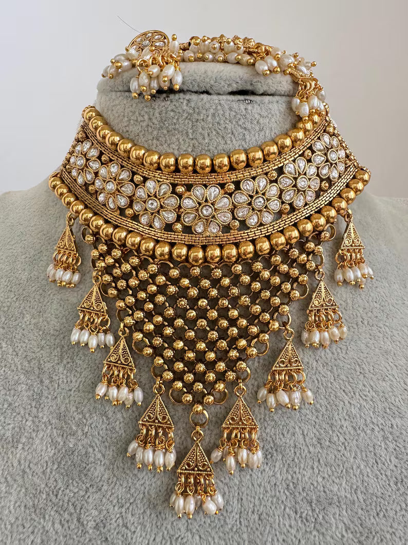 White Gold Polki Necklace, Indian Jewelry, indian wedding necklace, bridal jewelry, Punjabi Pakistani south Indian necklace