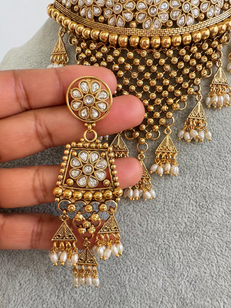 White Gold Polki Necklace, Indian Jewelry, indian wedding necklace, bridal jewelry, Punjabi Pakistani south Indian necklace