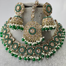 Green Antique Polki Kundan Pearl Necklace with earrings and tikka, bridal necklace, Indian Punjabi Pakistani Wedding Jewelry
