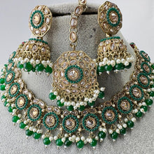 Green Antique Polki Kundan Pearl Necklace with earrings and tikka, bridal necklace, Indian Punjabi Pakistani Wedding Jewelry