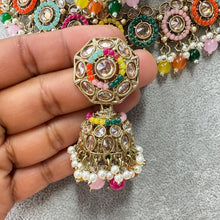 Multi Antique Polki Kundan Pearl Necklace with earrings and tikka, bridal necklace, Indian Punjabi Pakistani Wedding Jewelry