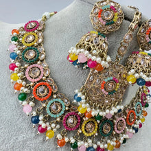 Multi Antique Polki Kundan Pearl Necklace with earrings and tikka, bridal necklace, Indian Punjabi Pakistani Wedding Jewelry