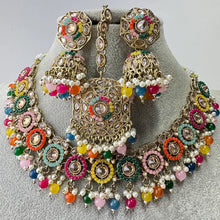 Multi Antique Polki Kundan Pearl Necklace with earrings and tikka, bridal necklace, Indian Punjabi Pakistani Wedding Jewelry