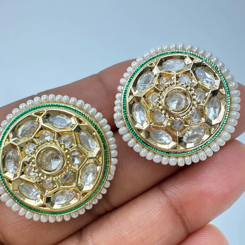 White pearl Moissanite Kundan Stud Earrings/Indian Studs/Indian Earrings/Indian Jewelry/Kundan Studs/Sabyasachi studs/Bridal Jewelry/wedding