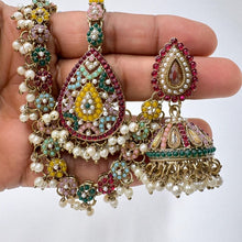 Navratan Antique polki Kundan bahubali Earrings Set with kaan chain, Sahara Indian Bridal Handmade Pearl Jewelry, Bollywood Bridesmaid Gifts