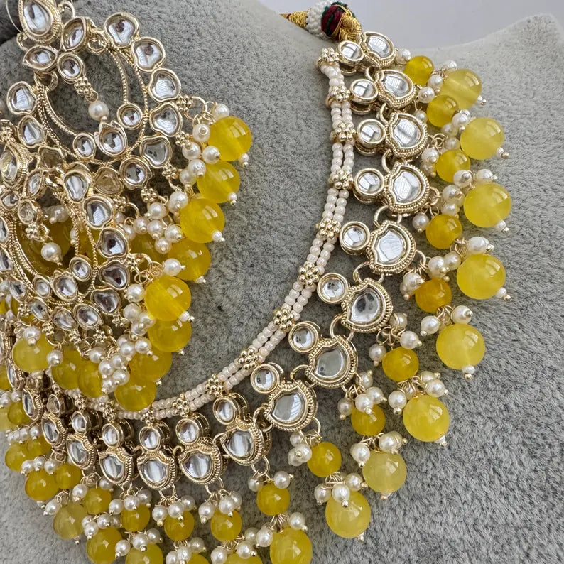 Yellow Pearl Kundan Necklace, Kundan choker set, Indian Jewelry,Wedding Jewelry, Pakistani Jewelry, bridesmaid necklace,