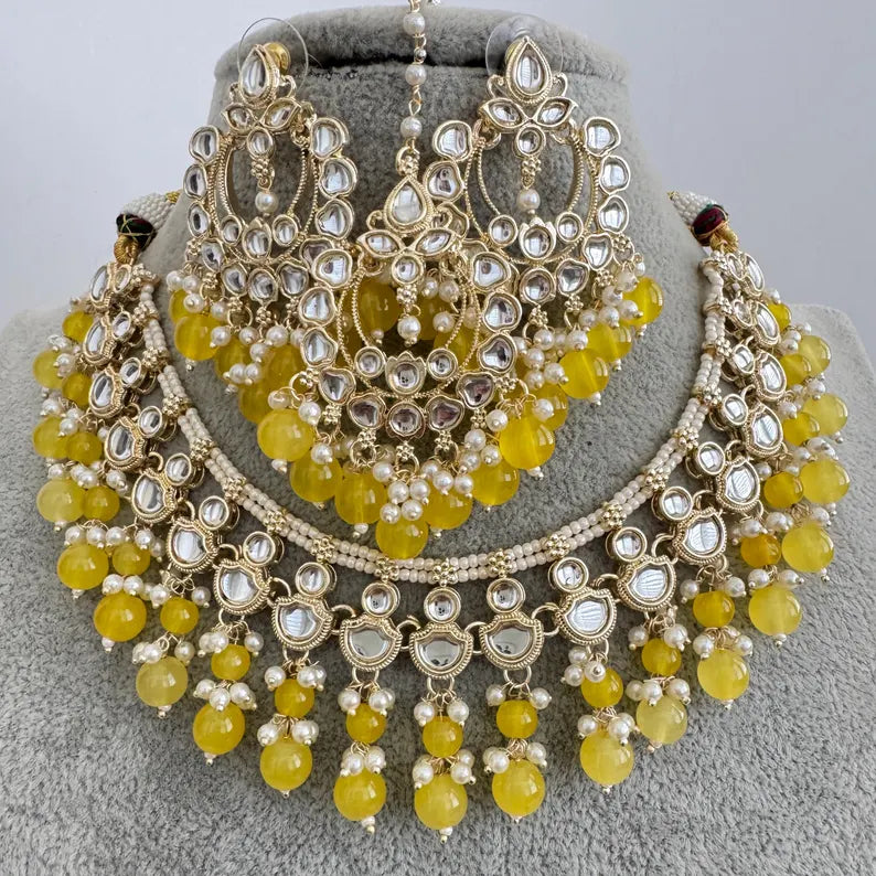 Yellow Pearl Kundan Necklace, Kundan choker set, Indian Jewelry,Wedding Jewelry, Pakistani Jewelry, bridesmaid necklace,