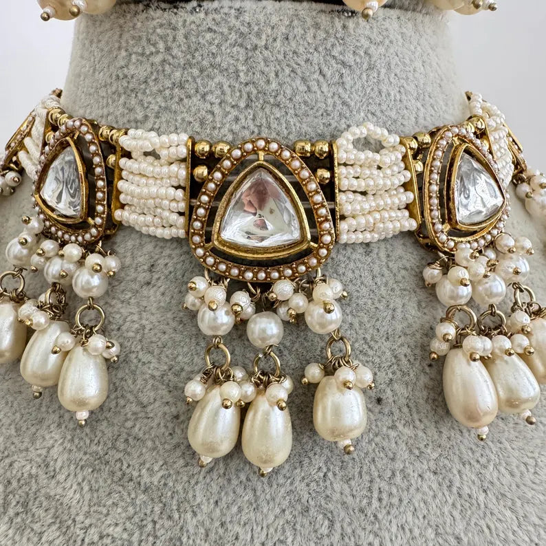 White Antique Uncut Kundan Necklace Set/Kundan Choker/Bollywood Jewelry/ Indian jewelry/ Pakistani necklace/ punjabi necklace indian wedding