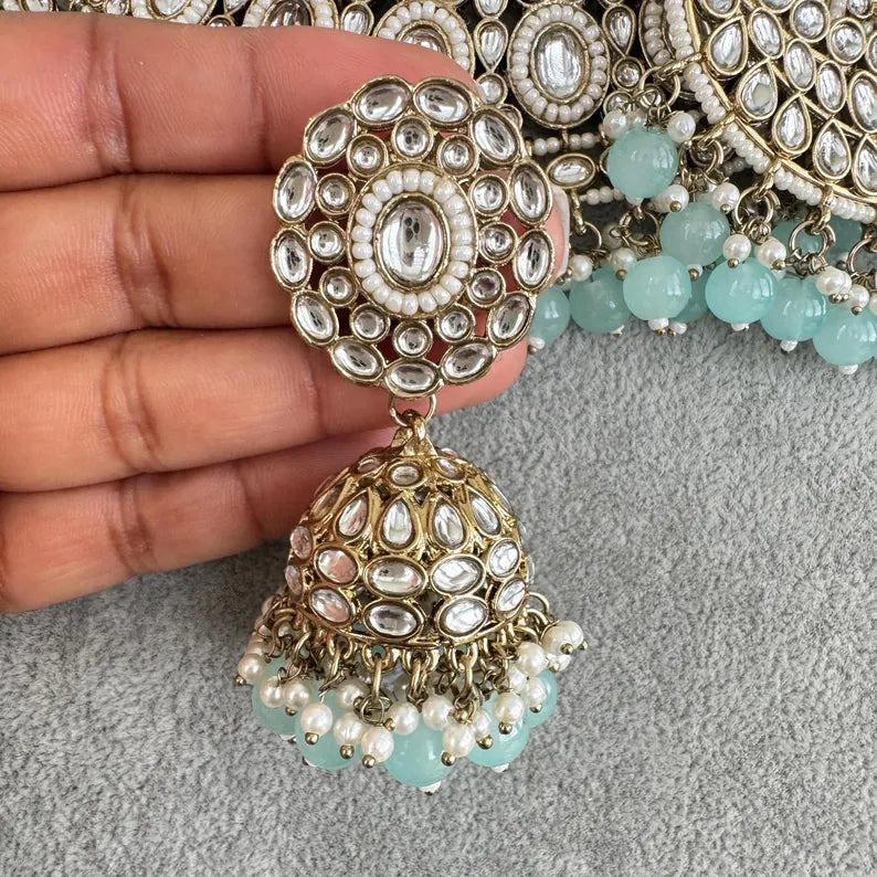 Aqua Blue Kundan Necklace Set, Pearl Kundan necklace , Bollywood Jewelry, Indian Pakistani jewelry for wedding