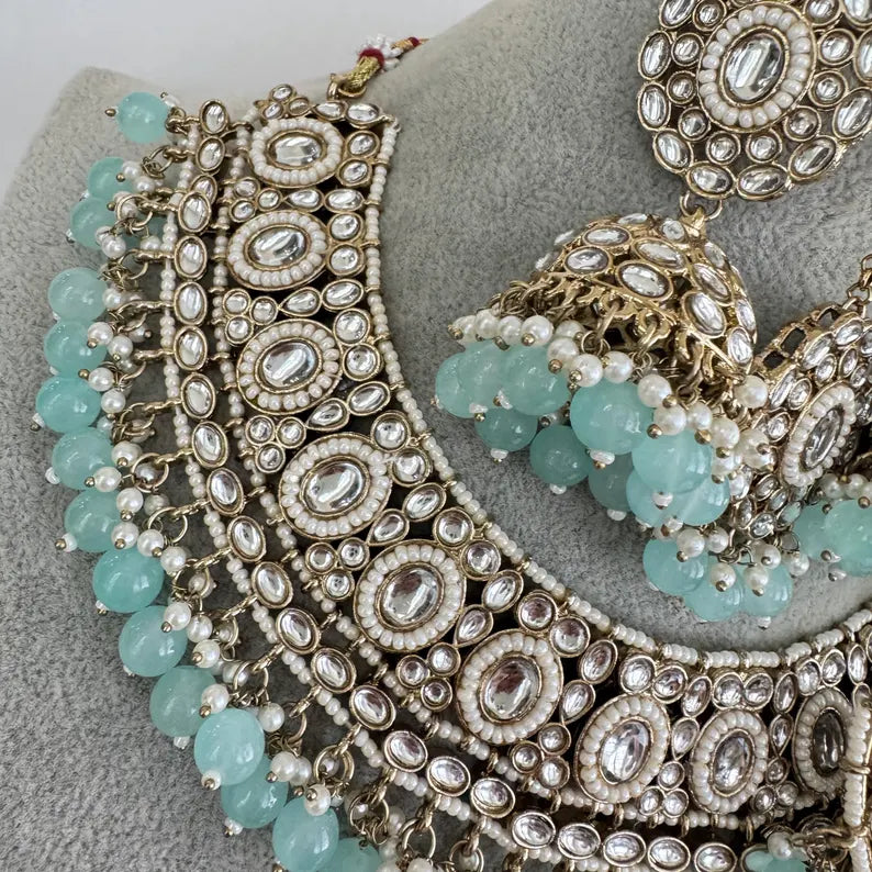 Aqua Blue Kundan Necklace Set, Pearl Kundan necklace , Bollywood Jewelry, Indian Pakistani jewelry for wedding