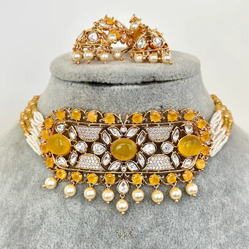 Yellow Premium Quality Kundan choker in gold plating Silver foiled Kundan necklace, Indian pakistani jewelry for wedding