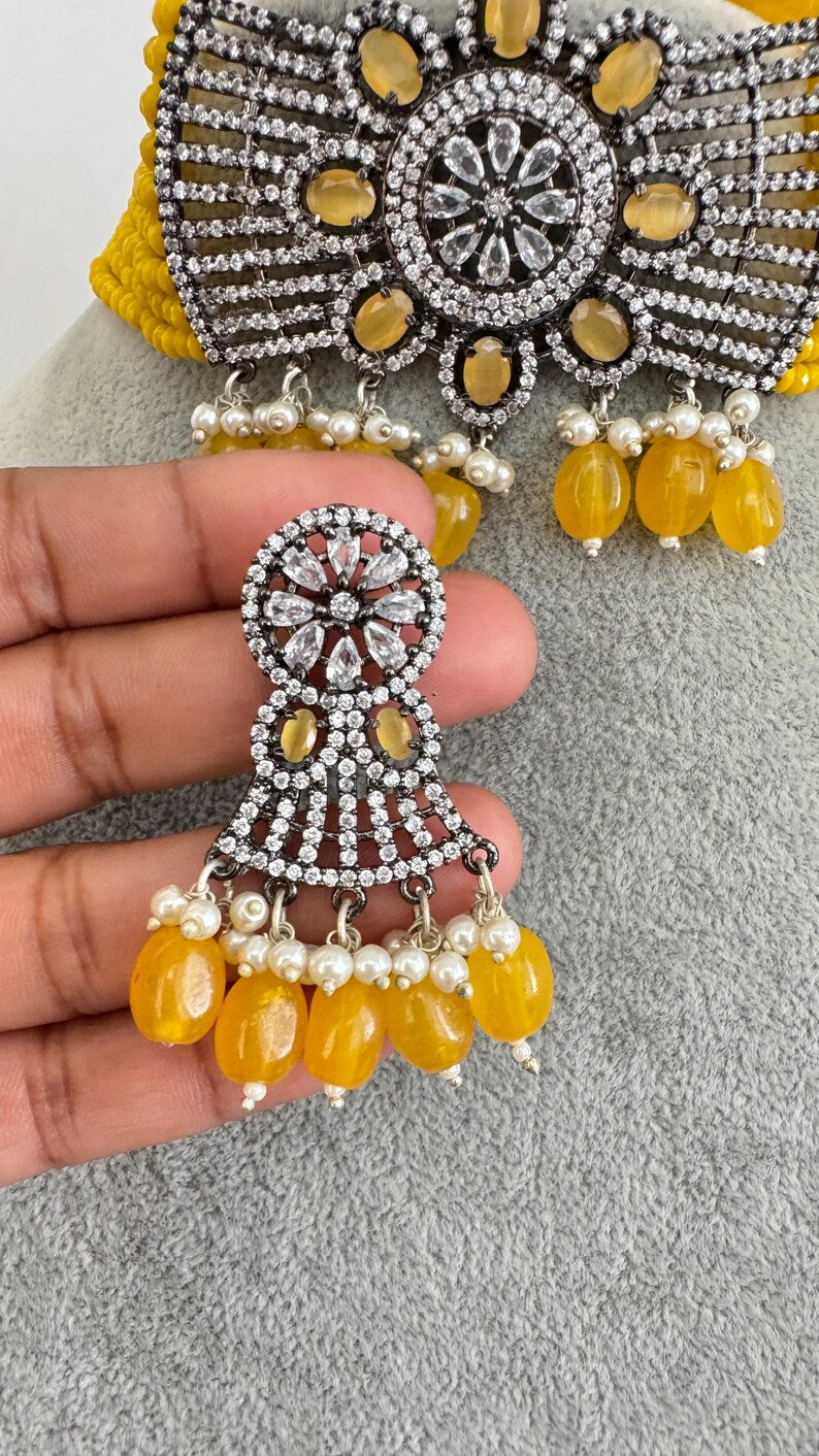 Yellow CZ Diamond Choker necklace, American Diamond Necklace,Indian pakistani jewelry for wedding, gift for her,bridal jewelry