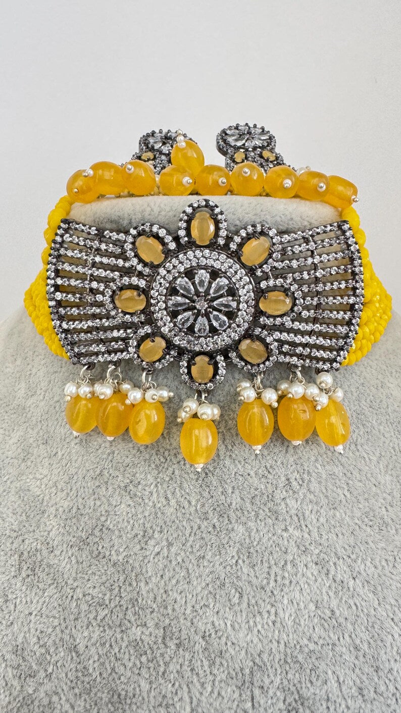 Yellow CZ Diamond Choker necklace, American Diamond Necklace,Indian pakistani jewelry for wedding, gift for her,bridal jewelry