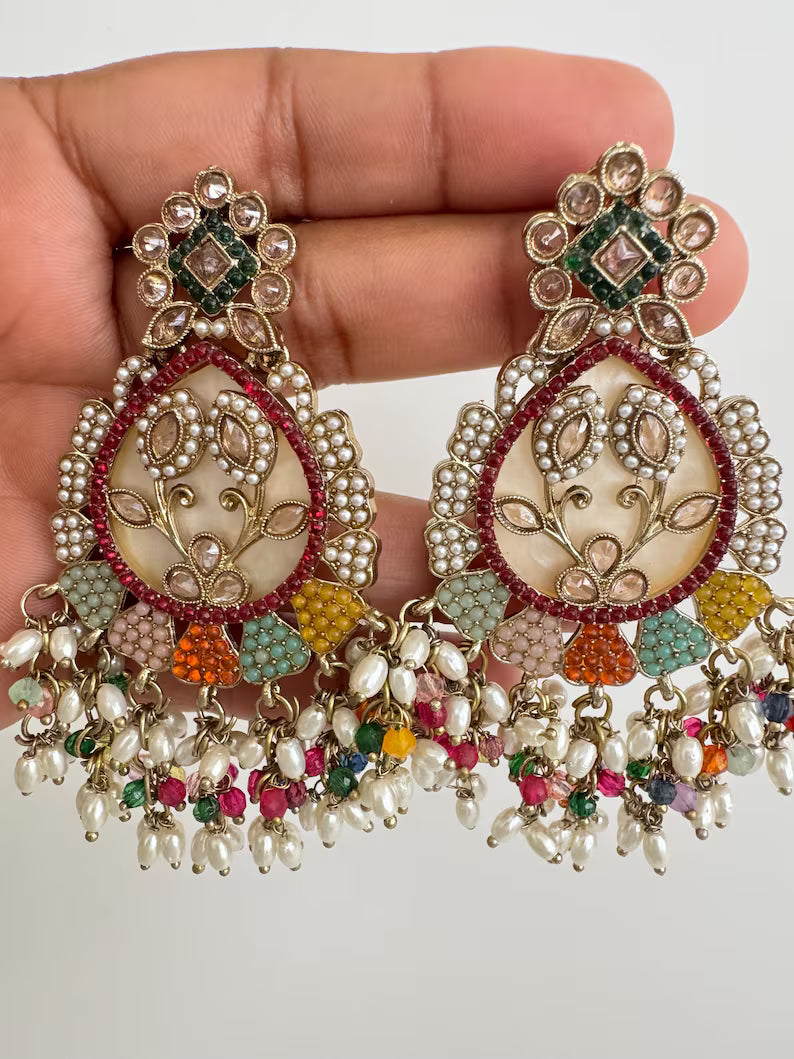 Antique Polki Kundan chandbali Indian Pakistani Earrings, Antique Long Earring With dull Gold Plating, Indian Pakistani wedding collection