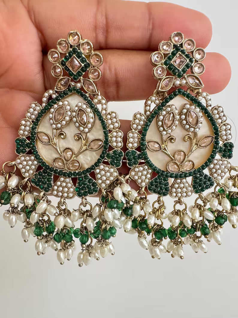 Antique Polki Kundan chandbali Indian Pakistani Earrings, Antique Long Earring With dull Gold Plating, Indian Pakistani wedding collection