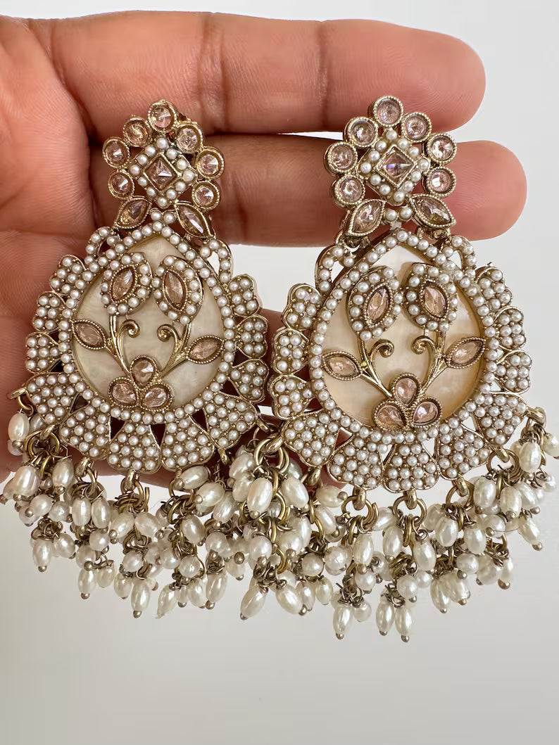 Antique Polki Kundan chandbali Indian Pakistani Earrings, Antique Long Earring With dull Gold Plating, Indian Pakistani wedding collection