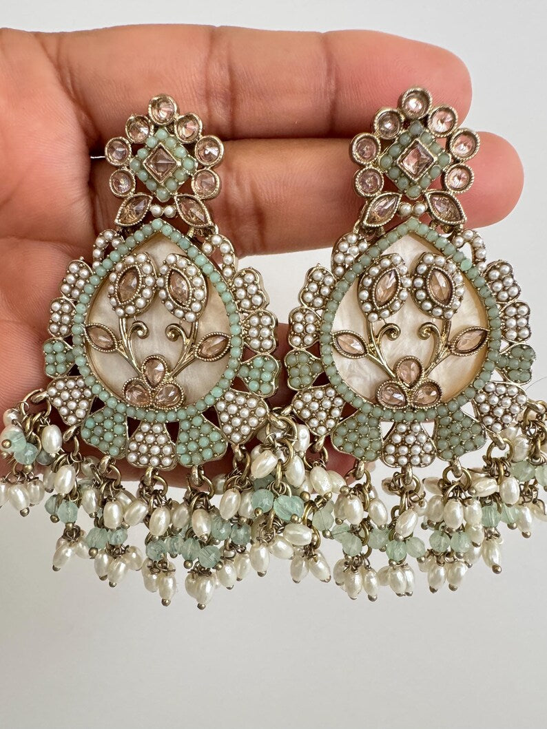 Antique Polki Kundan chandbali Indian Pakistani Earrings, Antique Long Earring With dull Gold Plating, Indian Pakistani wedding collection