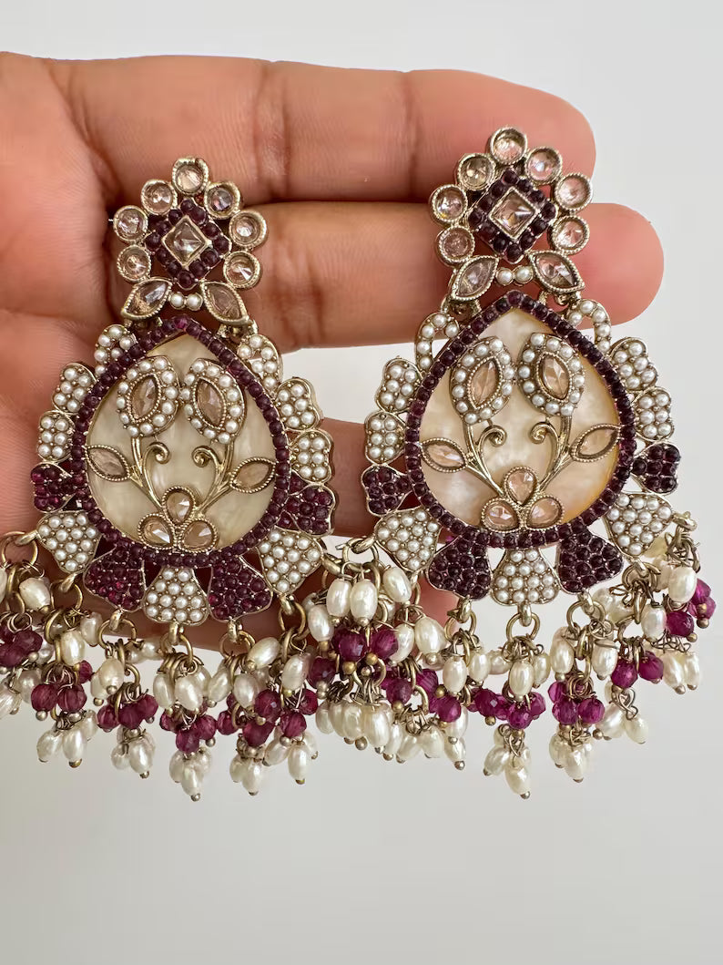 Antique Polki Kundan chandbali Indian Pakistani Earrings, Antique Long Earring With dull Gold Plating, Indian Pakistani wedding collection